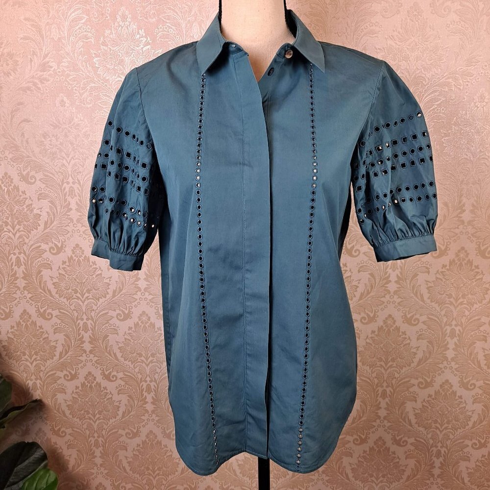 Lafayette 148 Cowan Size Small Green Blouse Embroidered Puff Short Sleeves